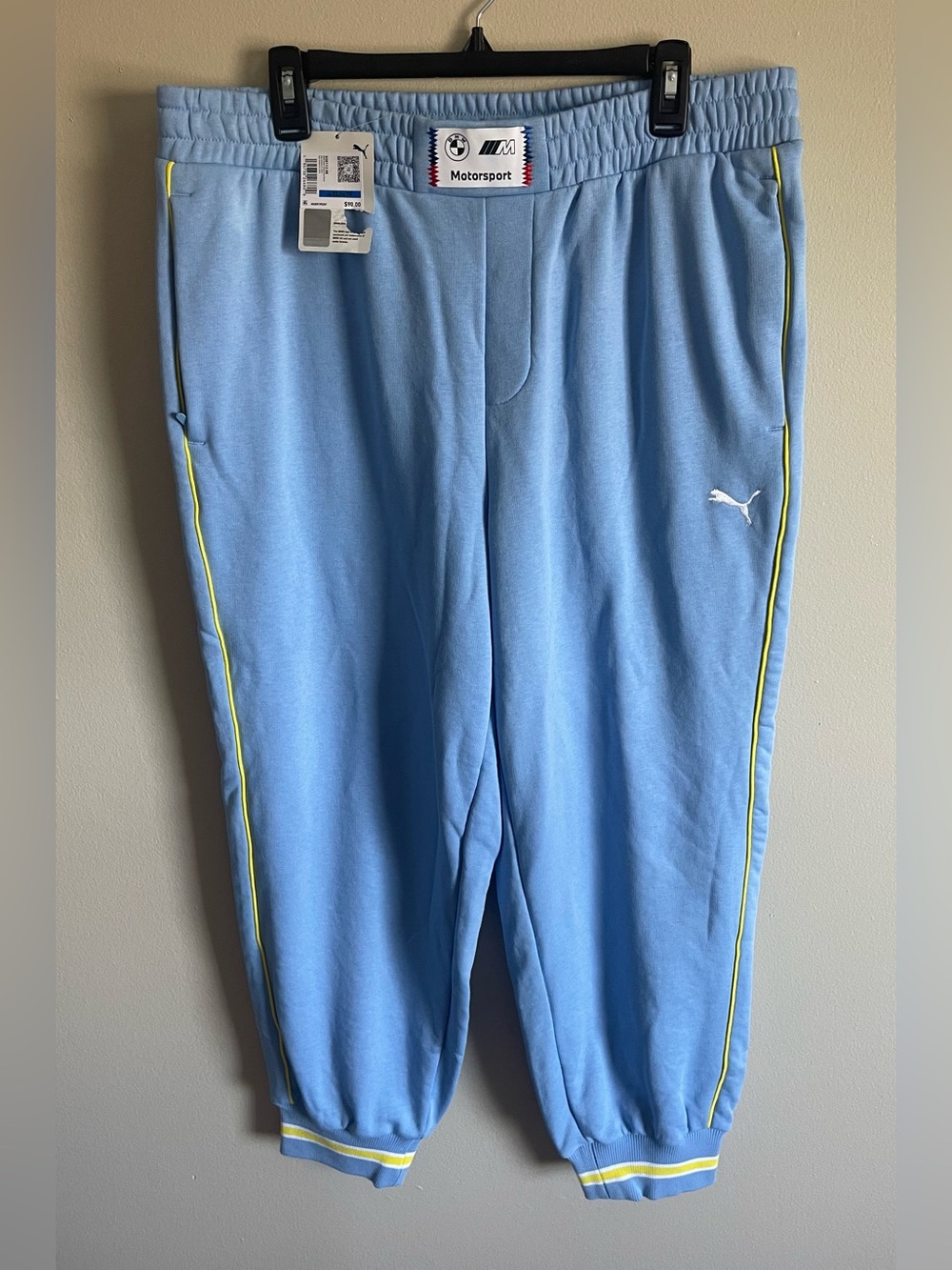 BMW MOTORSPORT Puma Light Blue Joggers with Neon Yellow Trim Size XL